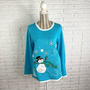 Vintage Quacker Factory Blue & White Snowman Christmas Sweater Size Small